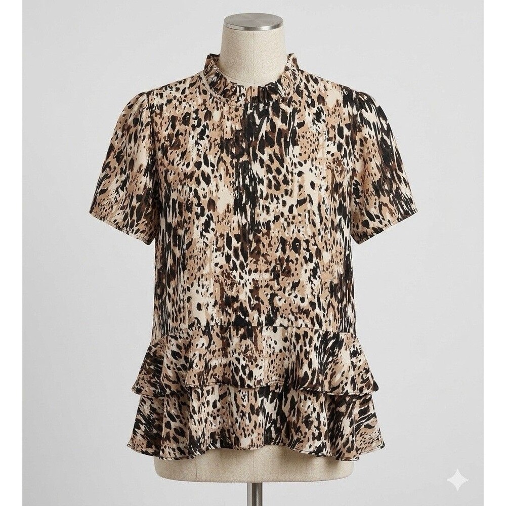 Veronica M Animal Print Ruffle Tiered Top Small Leopard Georgette Boho Blouse